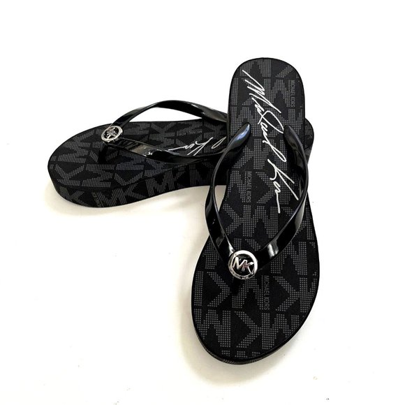 NWOB MICHAEL KORS Graphic Flip-Flop Wedge Sandals Slide On Thong Black - Picture 3 of 8